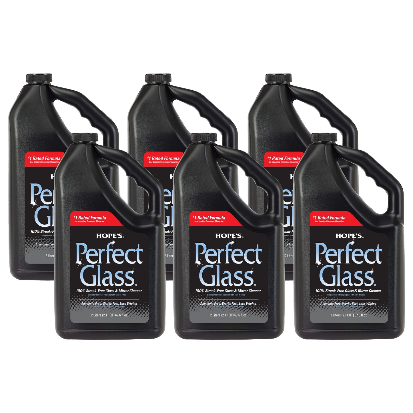 HOPE'S Perfect Glass Cleaner Spray Refill, Streak-Free, Ammonia-Free Window, Mirror, Screen, Tinted Glass, and Shower Door Cleaner, Indoor and Outdoor Glass Surfaces, 67.6 Ounce, Pack of 6