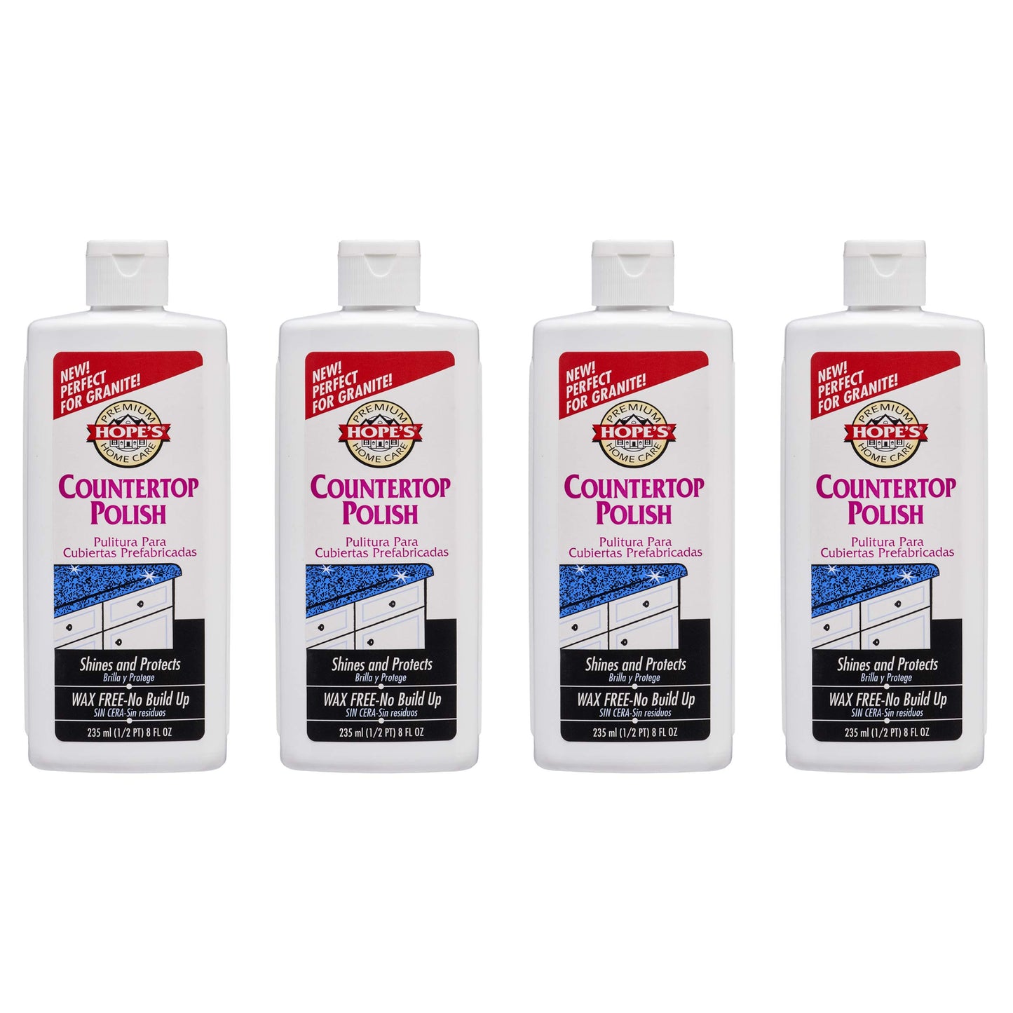 HOPE'S Countertop Restoration Polish, Streak-Free Kitchen Counter Cleaner, No Buildup Countertop Cleaner, Quartz, Marble, Corian, Composite, and Granite Polish, 8 Fl Oz, Pack of 4
