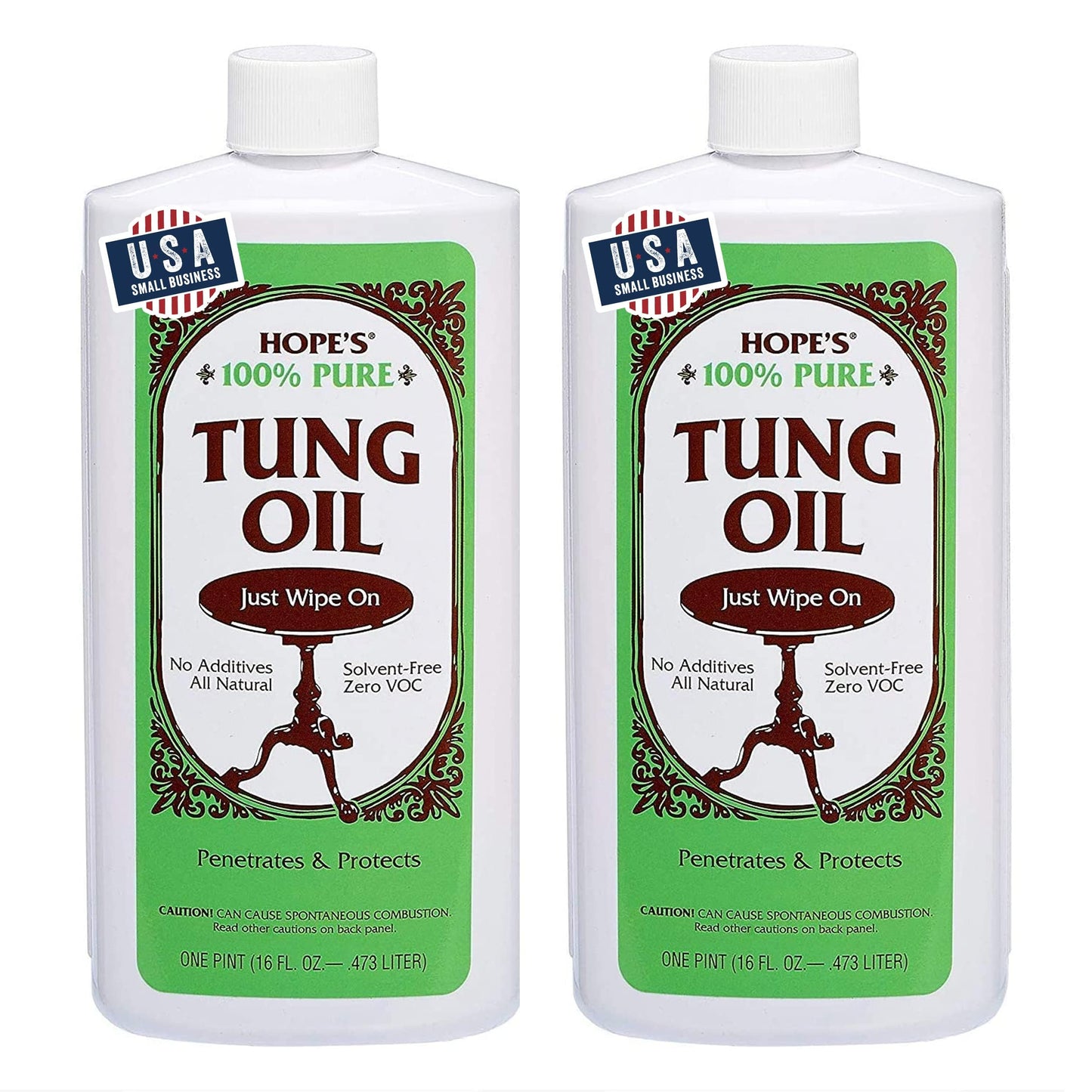 HOPE'S 100% Pure Tung Oil, Food Safe, Premium Waterproof Natural Wood Finish and Sealer for Indoor and Outdoor Projects,16 Fl Oz, 2 Pack